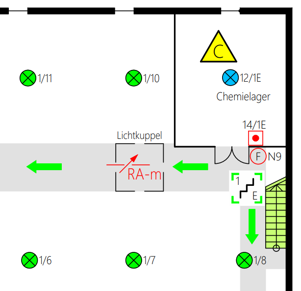 Planausschnitt mit nummerierten Brandmeldern der Meldergruppe 1, einem gelb gekennzeichneten Chemielager, Rauchabzug mit Lichtkuppel und einem Feuerwehr-Bedienelement.